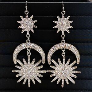 Silvertone crystal Star and Moon Ling Dangle pierced Earrings